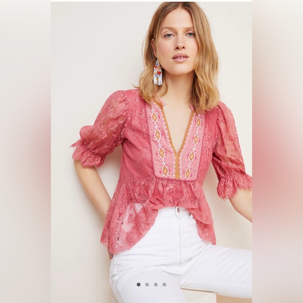 NWT Anthropologie Bl-nk lace top features intricate embroidery M